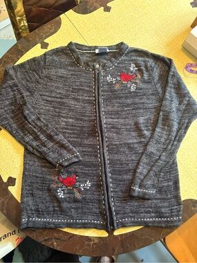 Vintage Gray Women's Embroidered Cardigan Sweater with Red Bird Accents